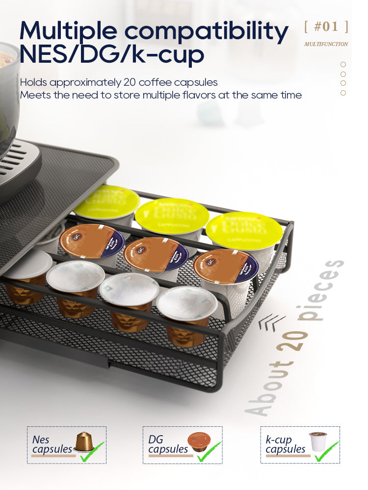 HiBREW Multi-functional Coffee Capsule Holder & Organizer Drawer for Nespresso, Dolce Gusto, K-Cup | Metal Coffee Machine Base Stand