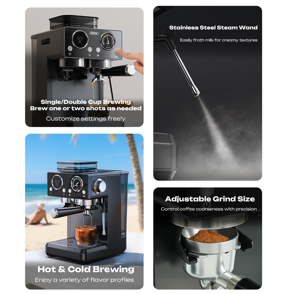 HiBREW H20 Espresso Machine with Built-in Grinder — Single/Double Cup, PID Temperature Control & Milk Frothing