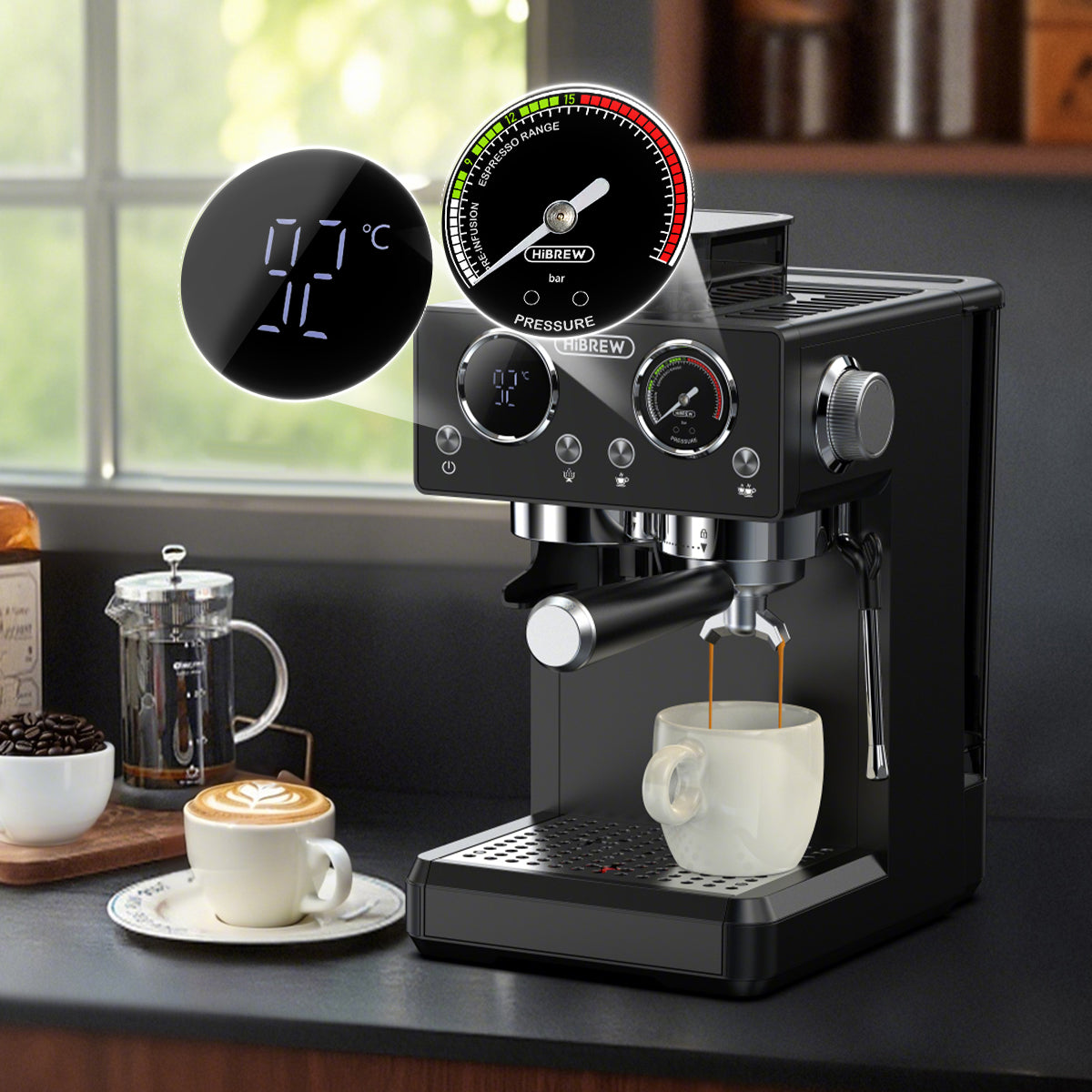 HiBREW H20 Espresso Machine with Built-in Grinder — Single/Double Cup, PID Temperature Control & Milk Frothing