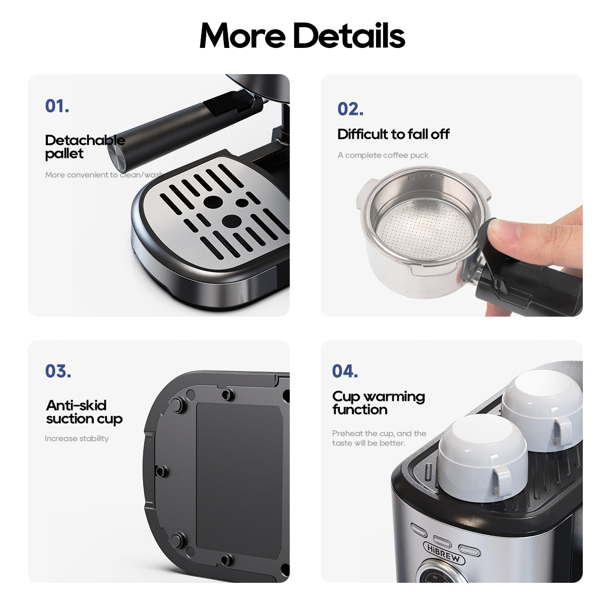 Detachable Drip Tray, Secure Coffee Puck, Anti-Skid Base & Cup Warmer