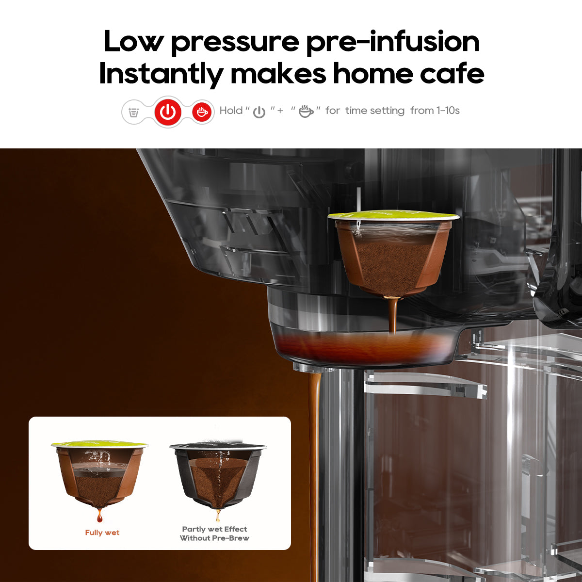HiBREW pre-infusion setting for even coffee saturation.