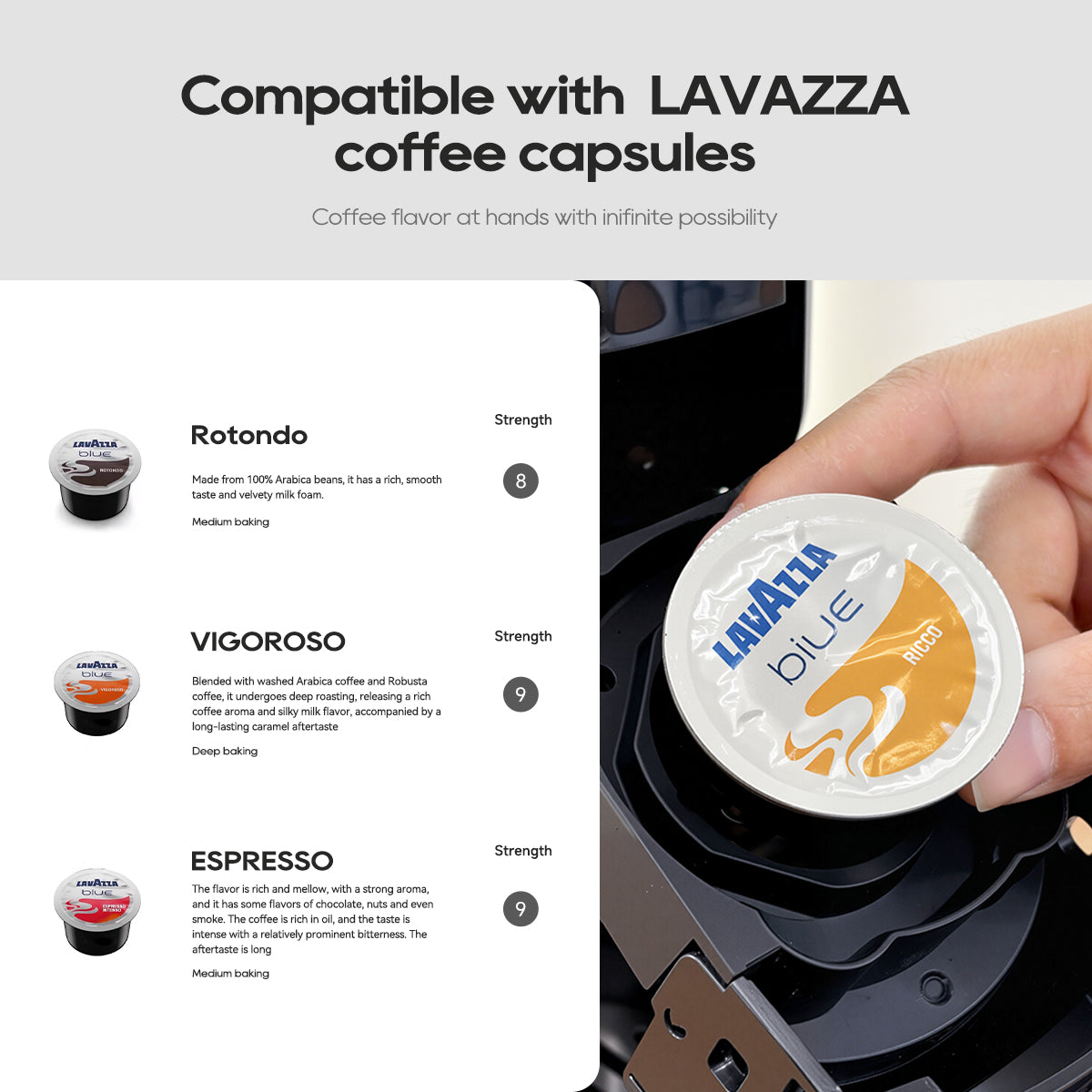 HiBREW machine with LAVAZZA coffee capsules and adapters