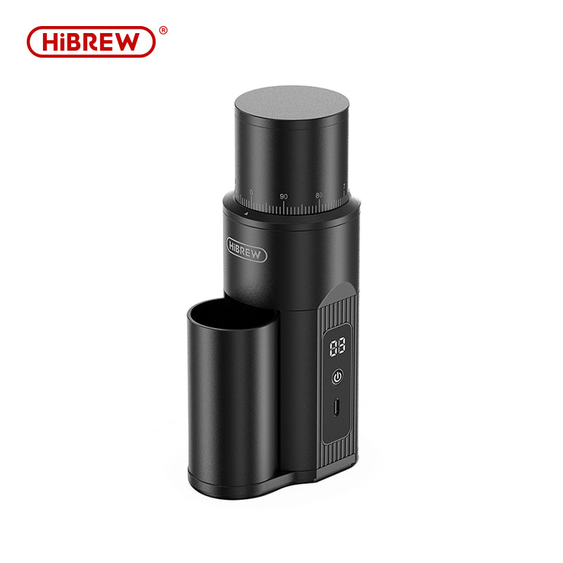 Moulin à café portable sans fil HiBREW G5mini | Meule conique en acier inoxydable de 38 mm | Réglage continu sur 100 positions | Chargement rapide USB-C | Utilisation à la maison, en extérieur et au bureau