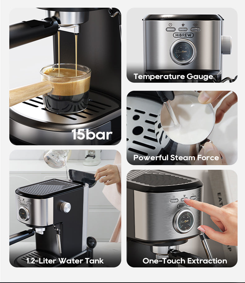 HiBREW H5A Coffee Machine – 15Bar Espresso Maker with One-Touch Extraction & Milk Frother