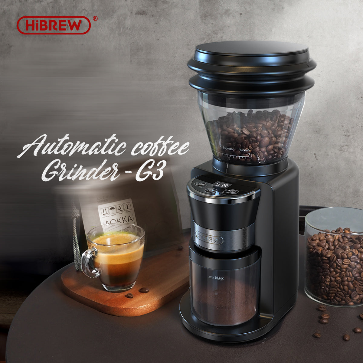 automatic coffee grinder with 31 grind settings for espresso and pour-over