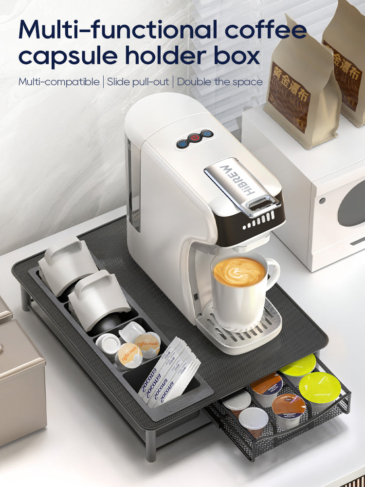 HiBREW Multi-functional Coffee Capsule Holder & Organizer Drawer for Nespresso, Dolce Gusto, K-Cup | Metal Coffee Machine Base Stand