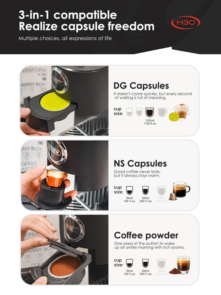 HiBREW H3C Coffee Machine – 3-in-1 Capsule Freedom with 7-Level Temperature Control