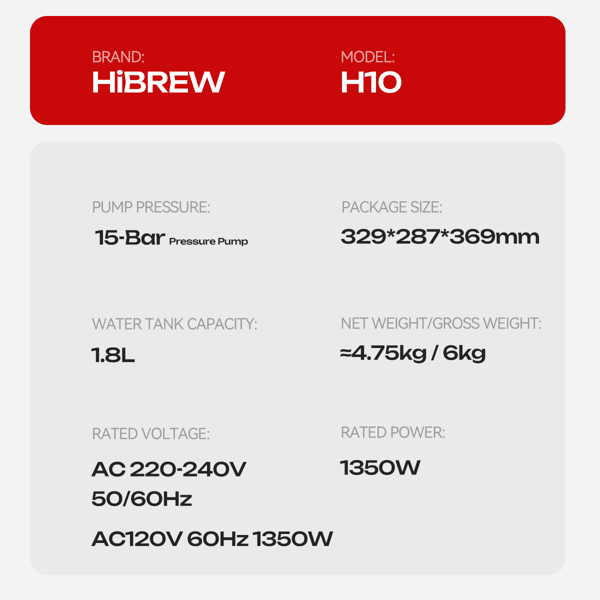 HiBREW H10 Semi-Automatic Espresso Machine | 15Bar Pump | 1.8L Tank | Adjustable Temperature Control