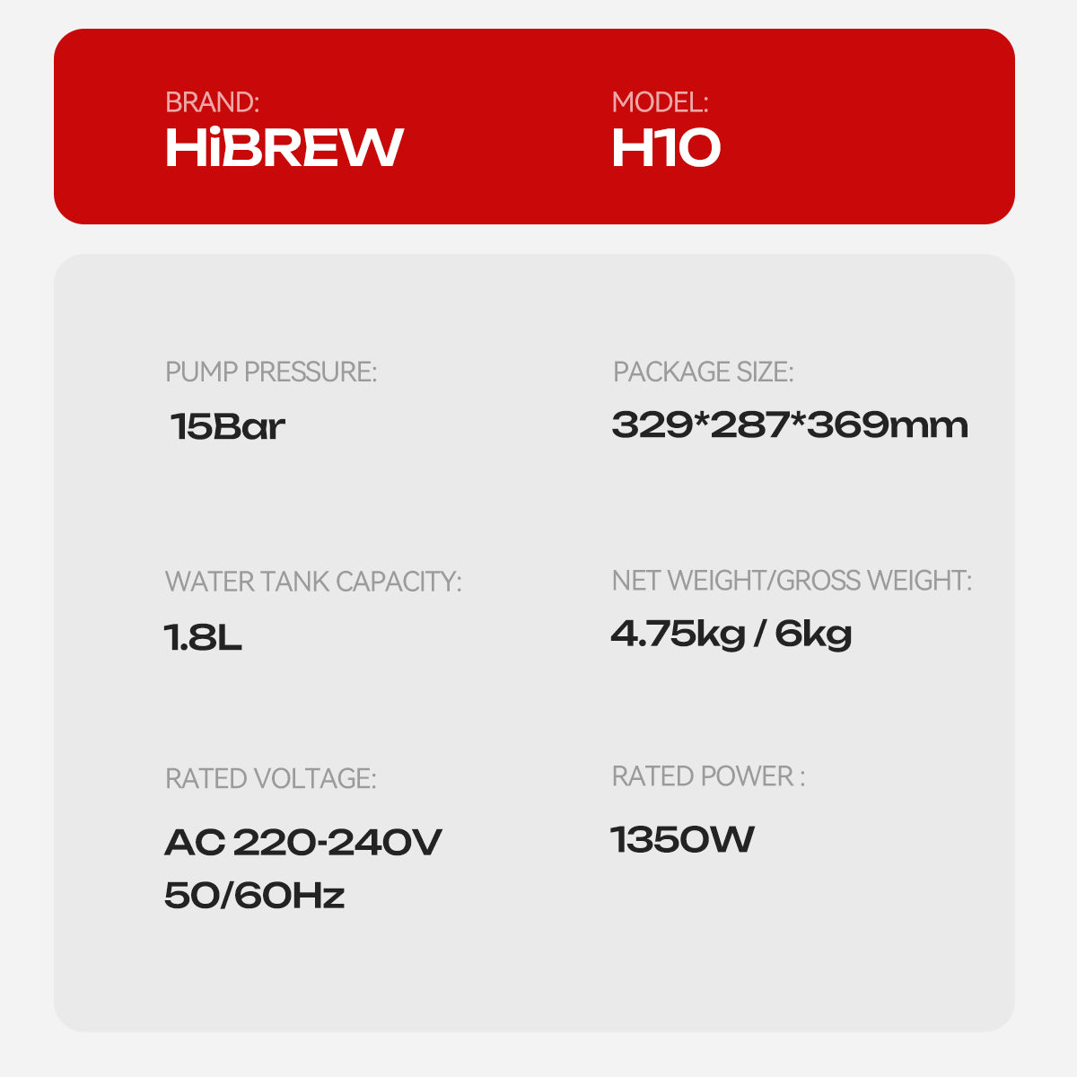 HiBREW H10 Semi-Automatic Espresso Machine | 15Bar Pump | 1.8L Tank | Adjustable Temperature Control