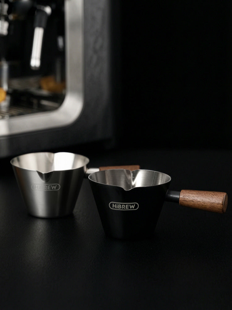 HiBREW 100ml Stainless Steel Espresso Shot Cup with Wooden Handle Ergonomic Coffee Measuring Pitcher