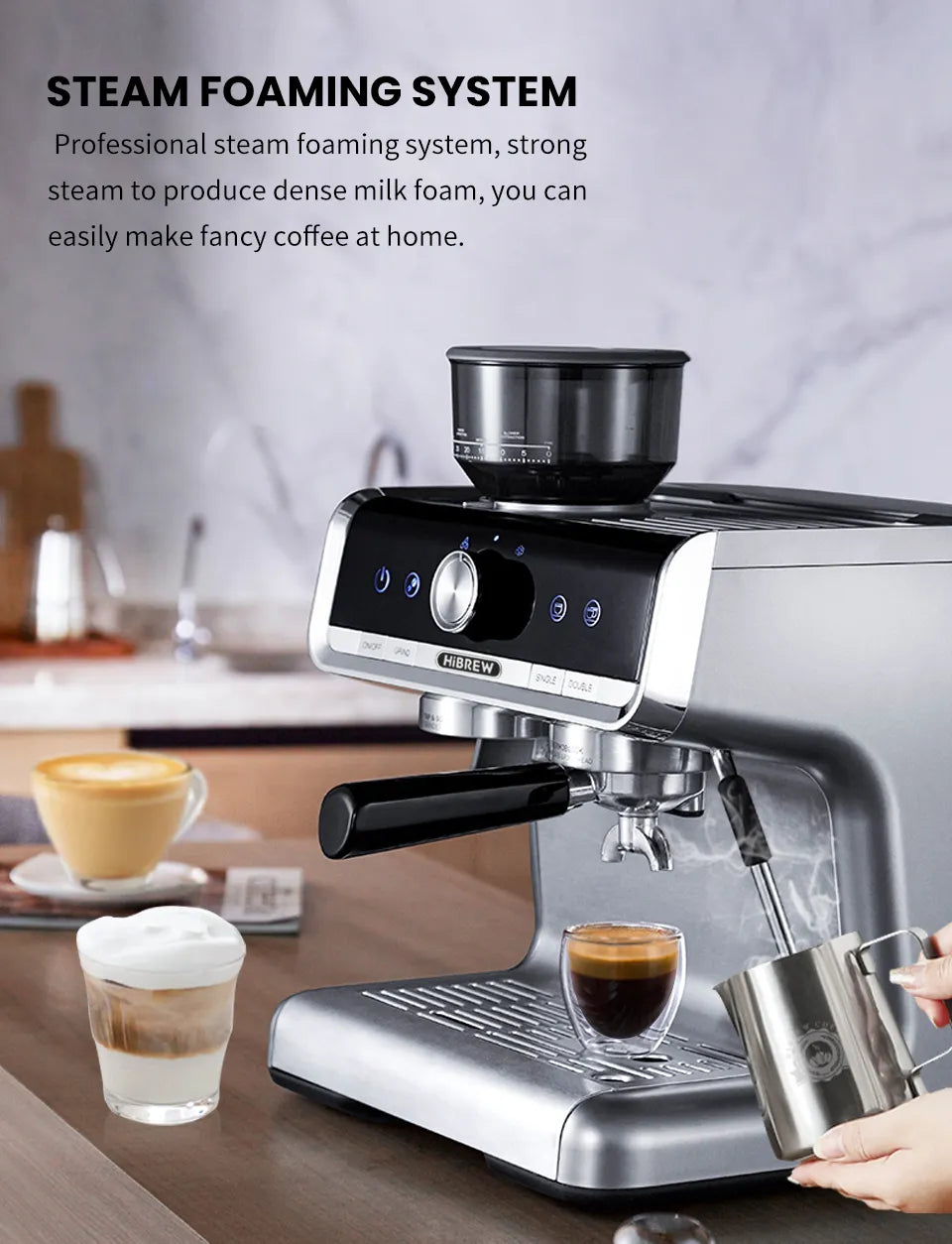 HiBREW-Cafetera Barista Pro de 19Bar, máquina de café de grano a Espresso  de nivel comercial con Kit completo para cafetería, Hotel y restaurante H7