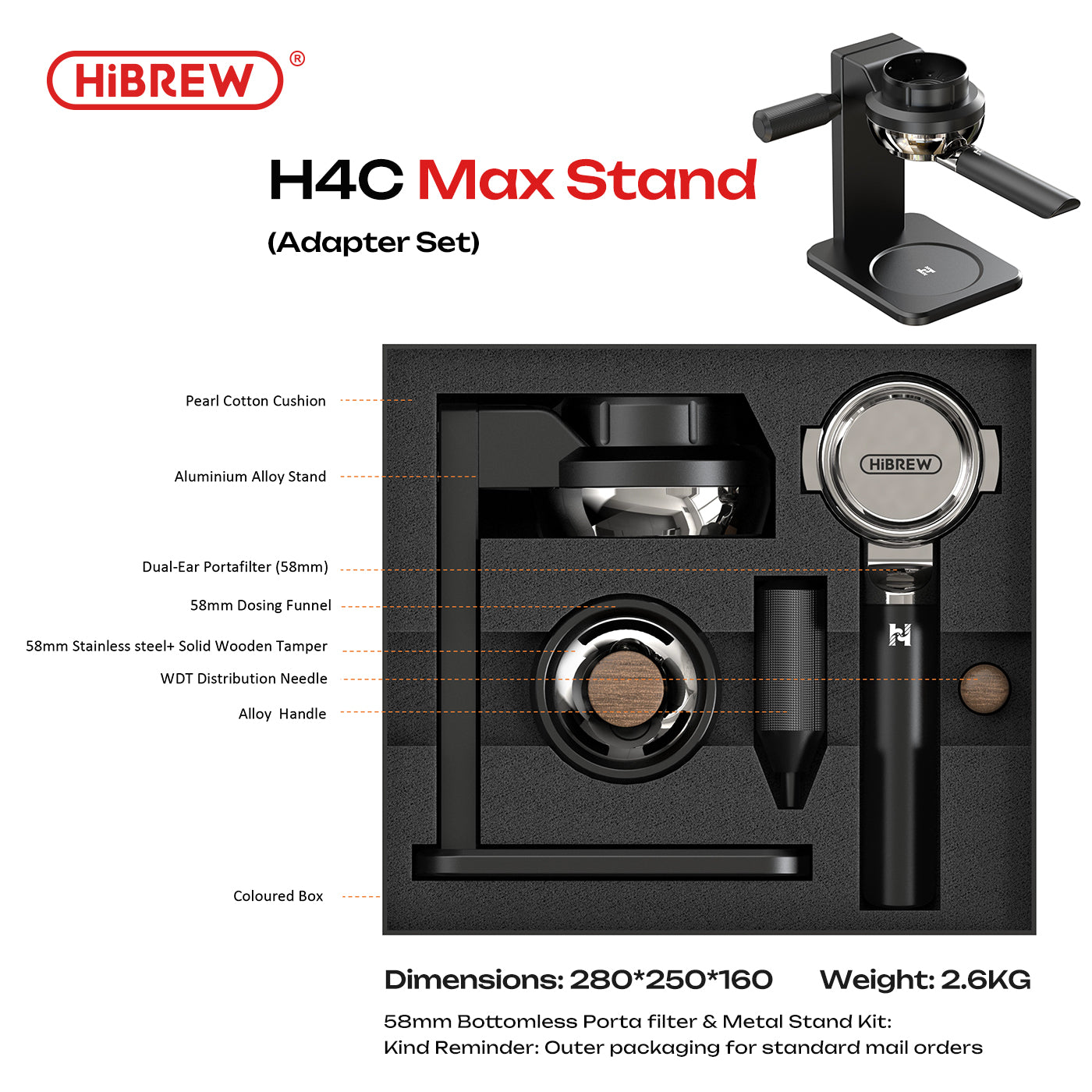 HiBREW H4C Max Stand 58mm Bottomless Portafilter and Metal Stand Kit,