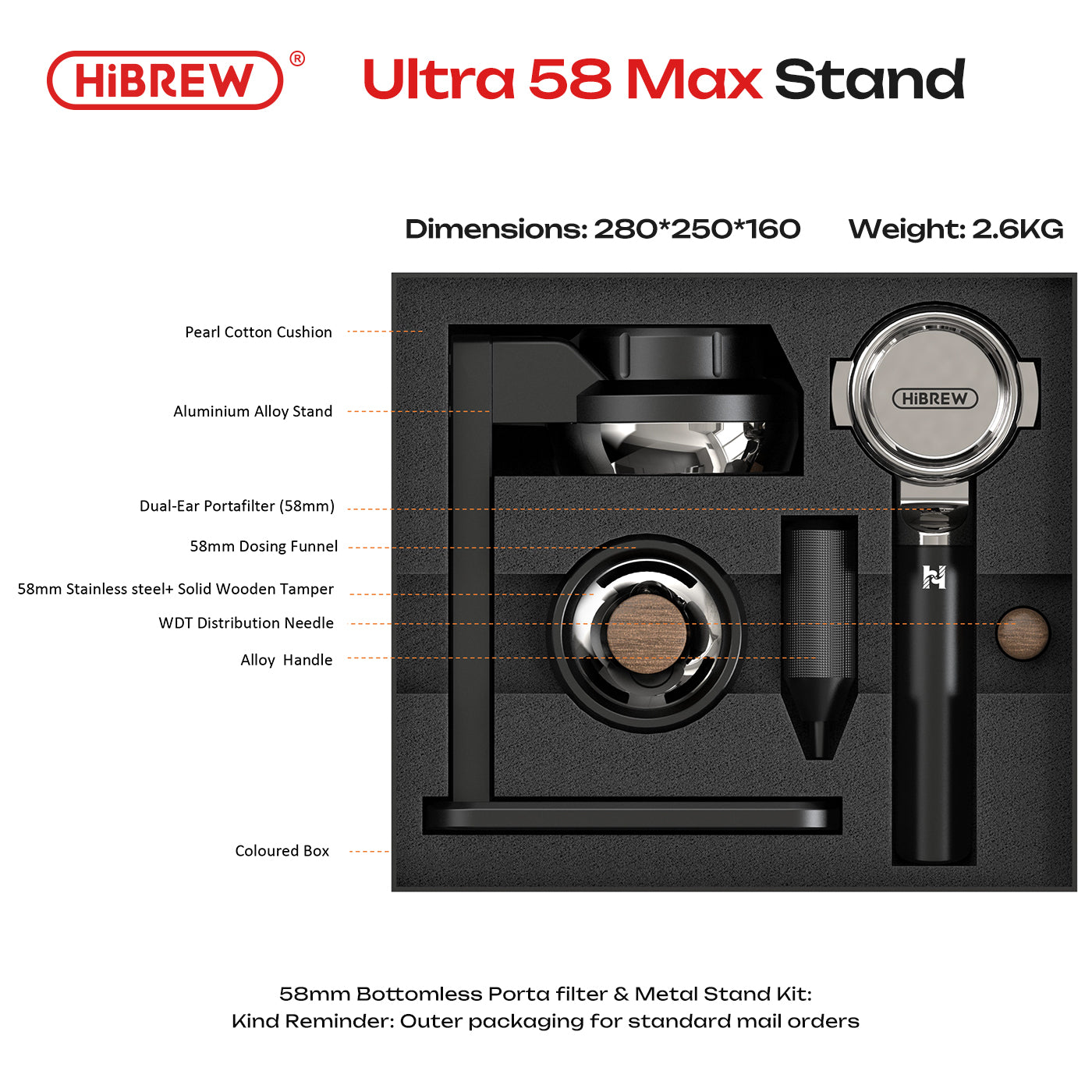 HiBREW 58mm Bottomless Portafilter and Metal Stand Kit, Ultra 58 Barista Base Station for H4C Portable Espresso Machine Accessories